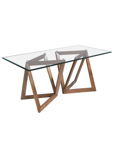Mesa de comedor rectangular de vidrio templado y nogal