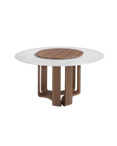 Mesa de comedor redonda de porcelana mármol y nogal