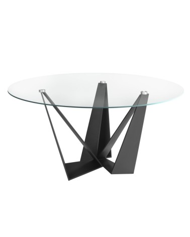 Mesa de comedor redonda de vidrio templado y acero negro