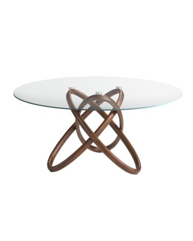 Mesa de comedor redonda de vidrio templado y nogal