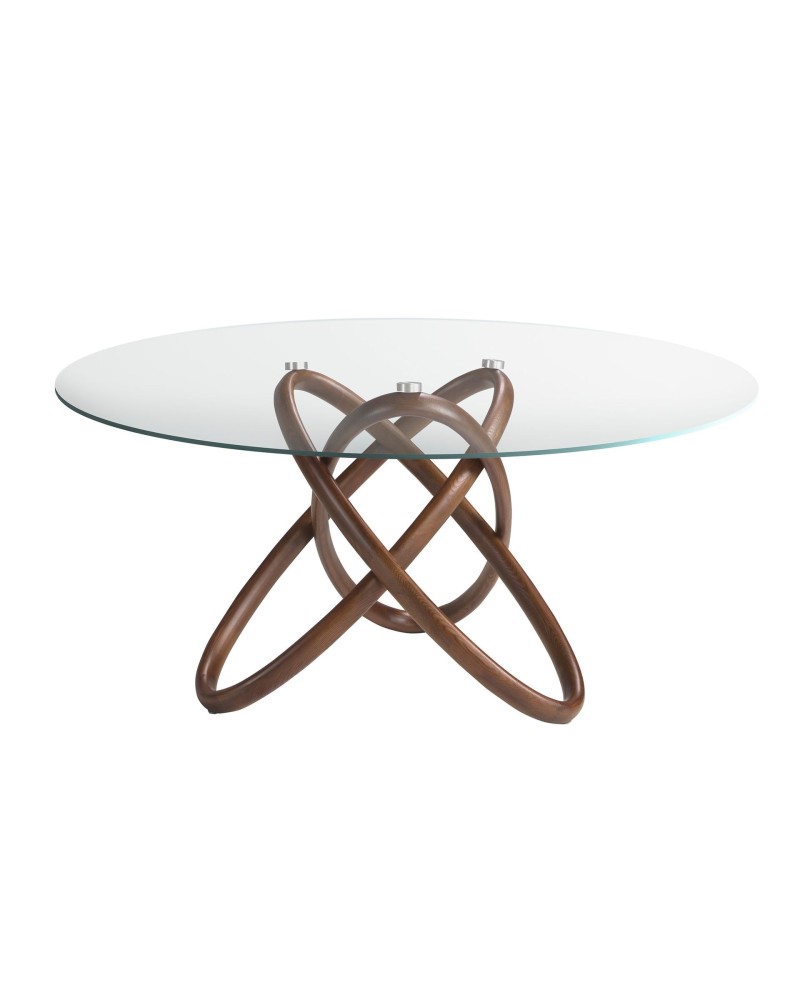 Mesa de comedor redonda de vidrio templado y nogal
