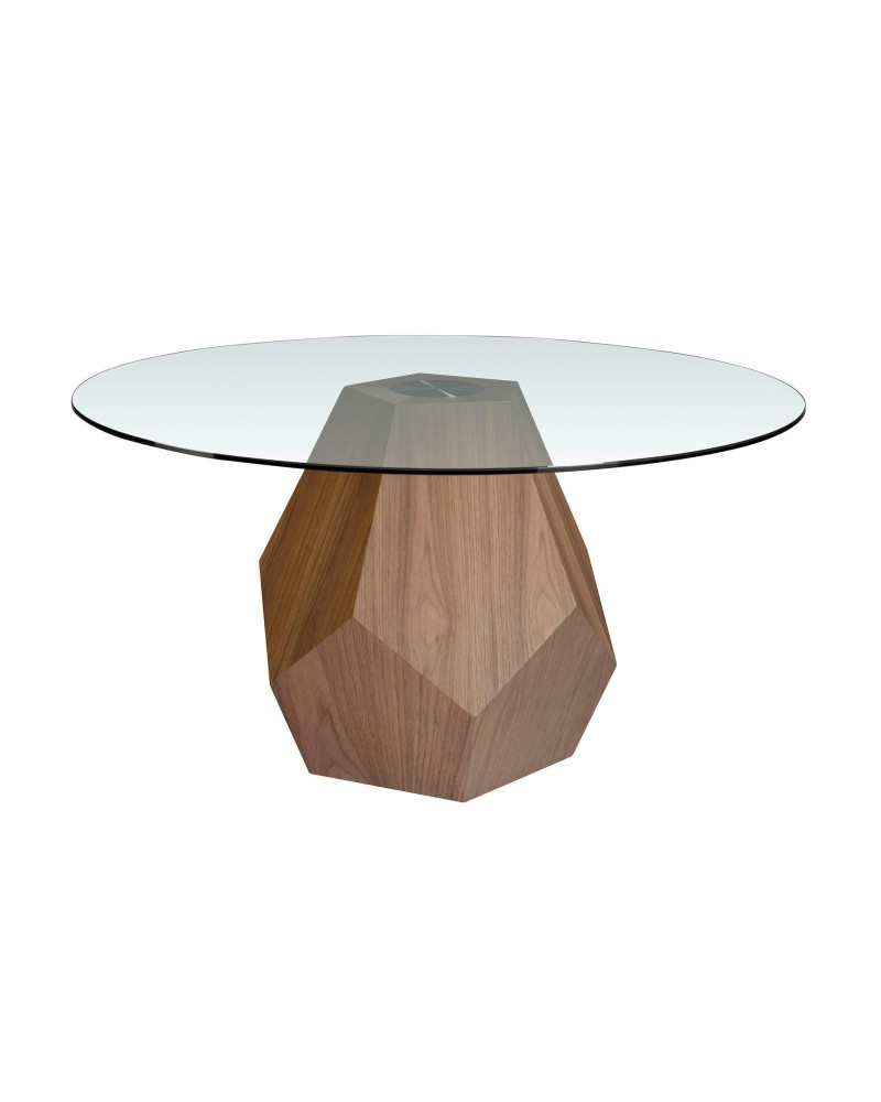 Mesa de comedor redonda de vidrio templado y nogal