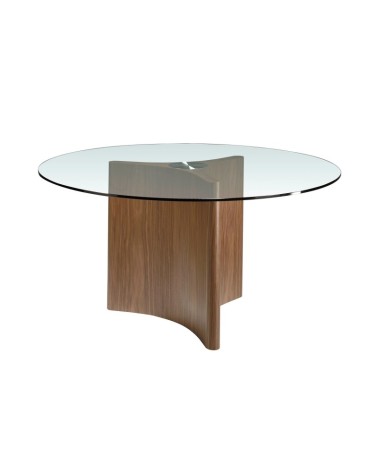 Mesa de comedor redonda de vidrio templado y nogal