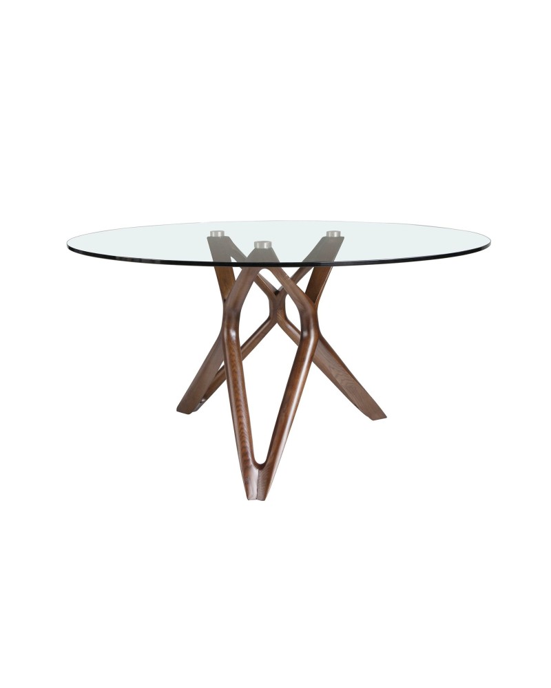 Mesa de comedor redonda de vidrio templado y nogal
