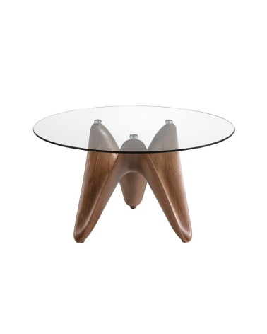 Mesa de comedor redonda de vidrio templado y nogal