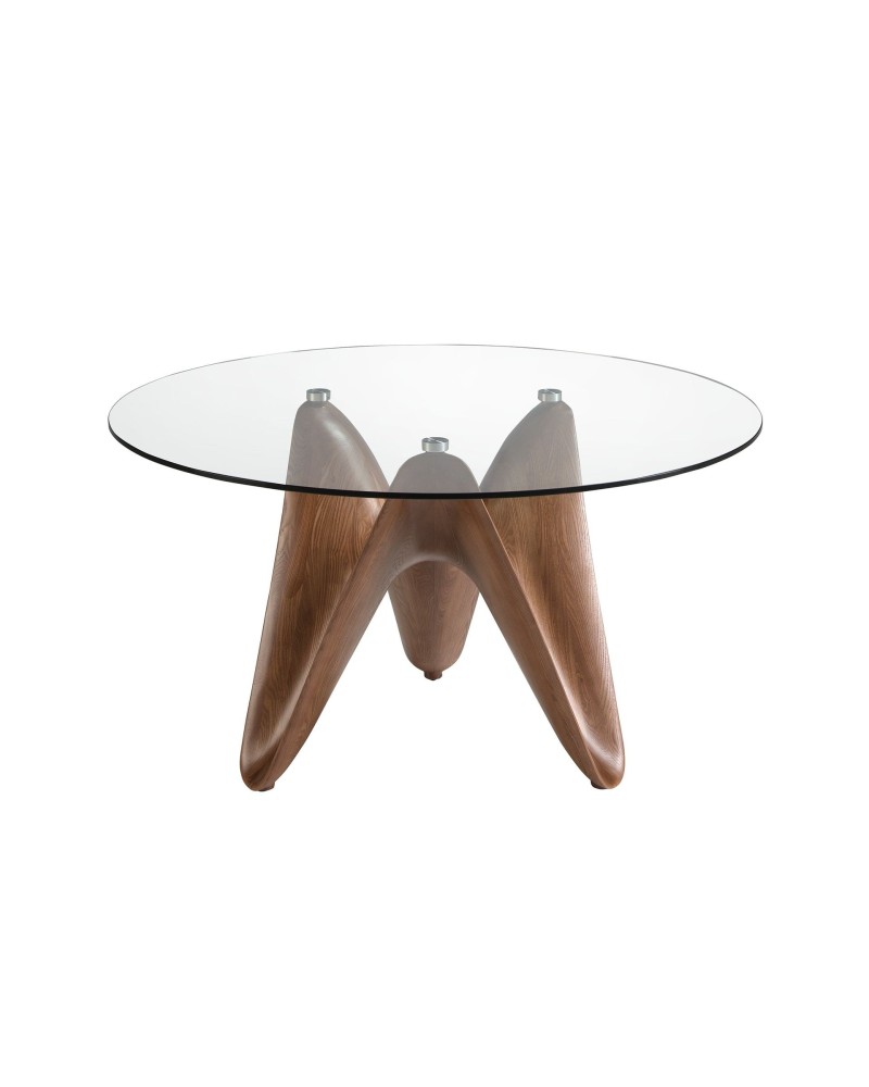 Mesa de comedor redonda de vidrio templado y nogal