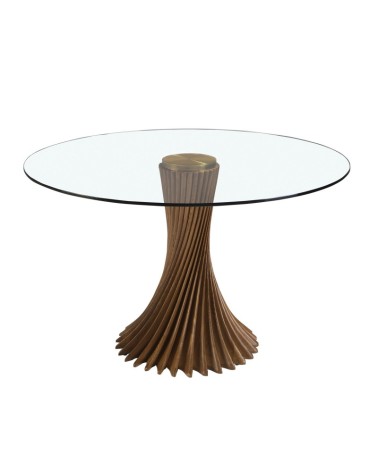 Mesa de comedor redonda de vidrio templado y nogal