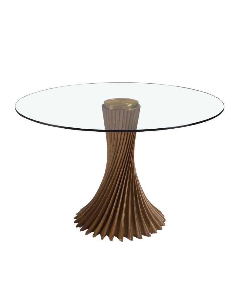 Mesa de comedor redonda de vidrio templado y nogal