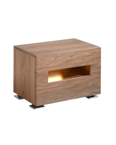 Mesita de noche de nogal y acero pulido con iluminación interior