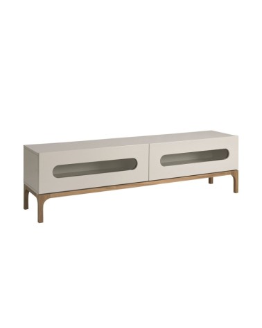 Mueble de TV de madera gris y nogal con iluminación interior