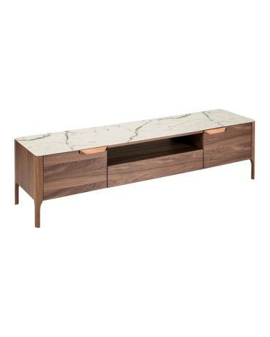 Mueble de TV de nogal con tapa de vidrio imitación mármol