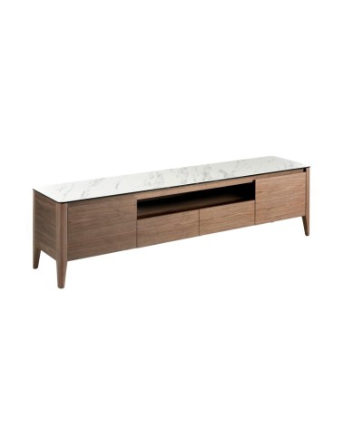 Mueble de TV de nogal con tapa de vidrio imitación mármol