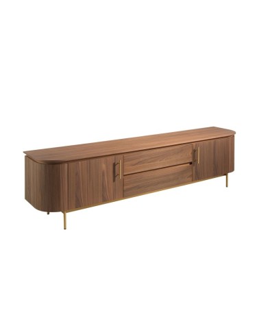 Mueble de TV de nogal y acero dorado pulido