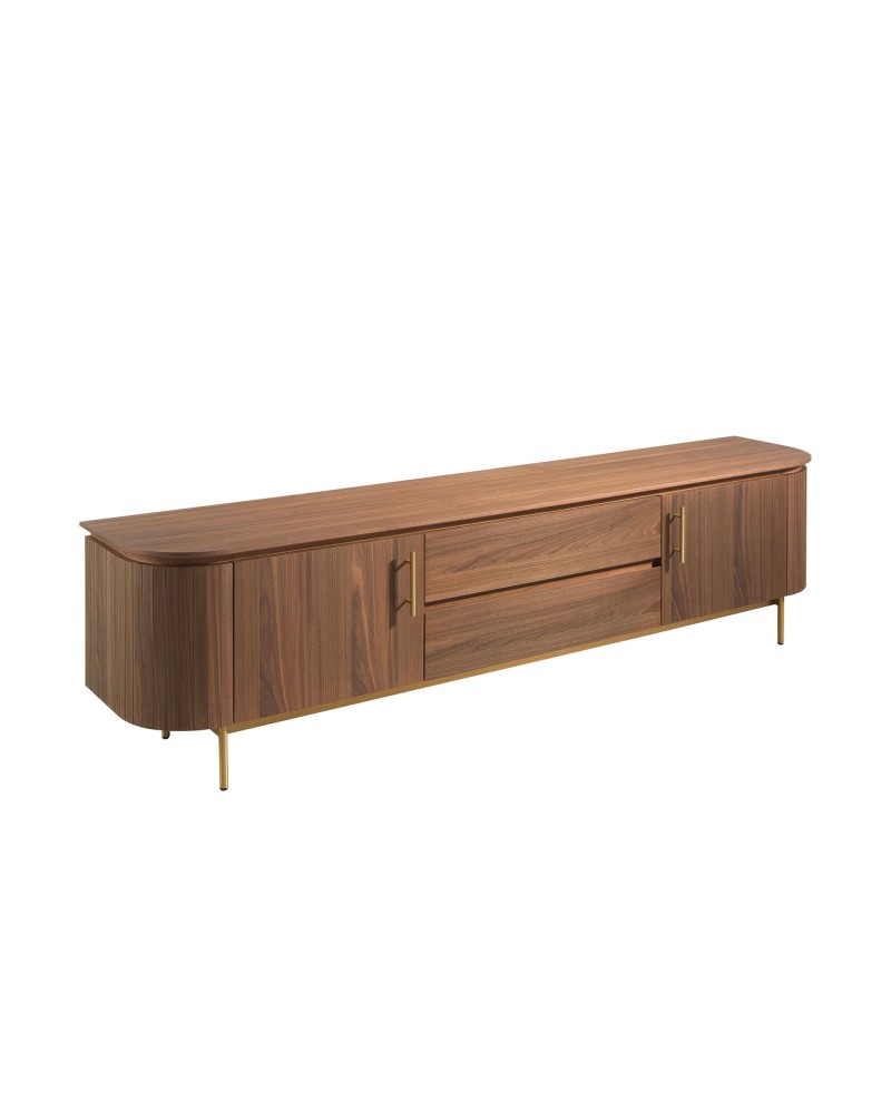 Mueble de TV de nogal y acero dorado pulido