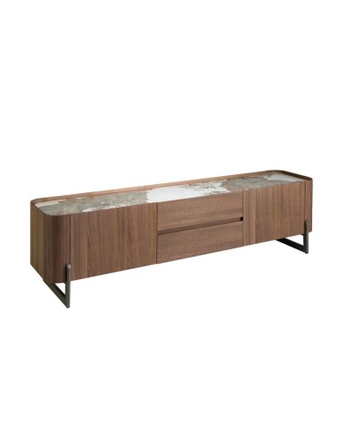 Mueble de TV de nogal y acero metalizado oscuro con tapa de porcelana mármol