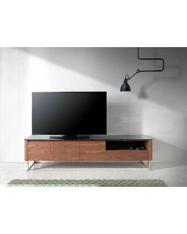 Mueble TV de madera Nogal y tapa cristal templado negro