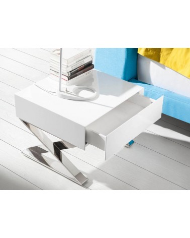 Mesita noche de madera color Blanco y acero cromado