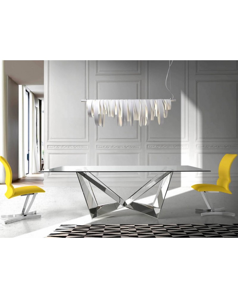 Mesa comedor de cristal templado y acero cromado