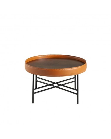 Mesa centro redonda de madera Nogal tapizada en piel y acero negro
